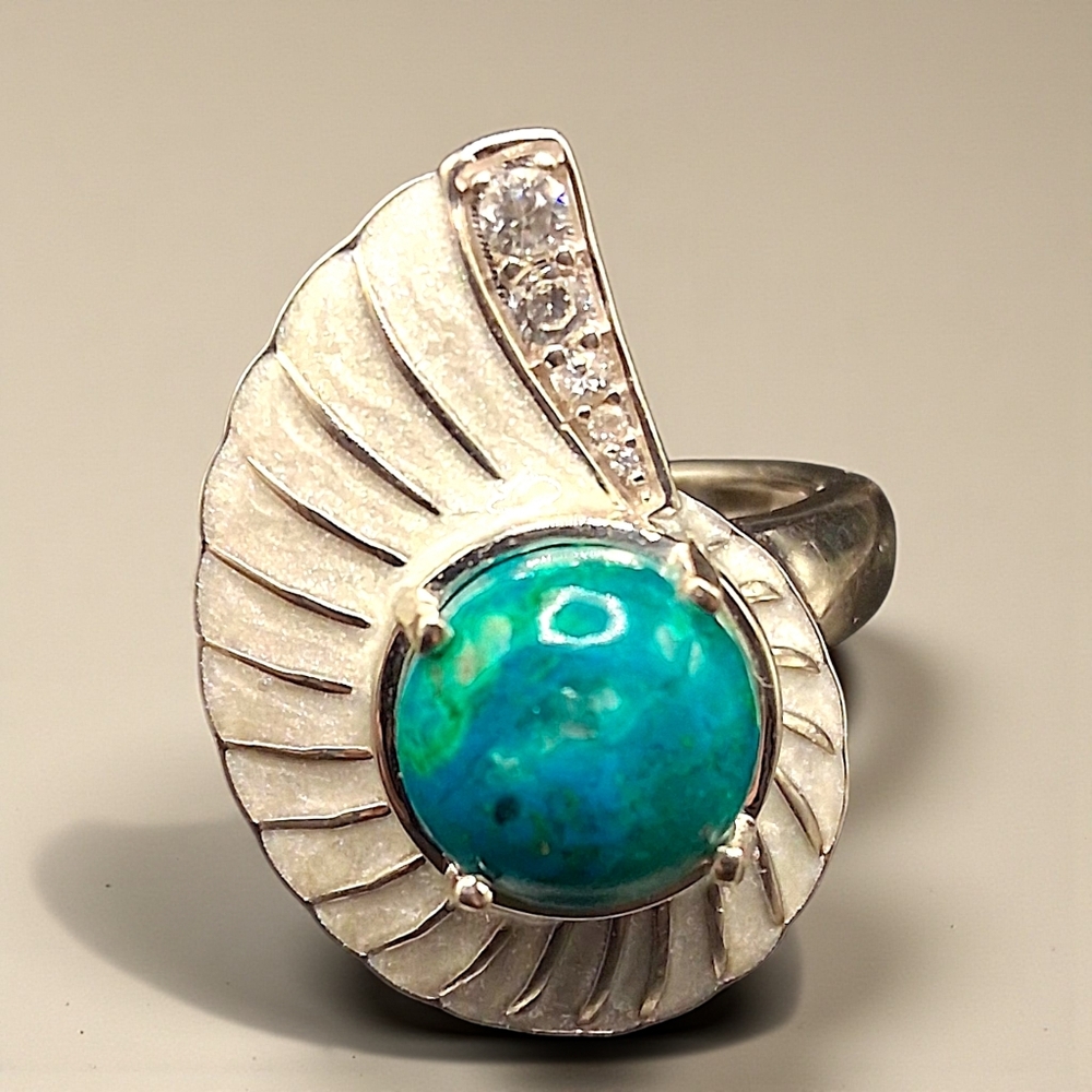 🔥Chrysocolla & White Zircon 3.25 ctw Ring in Platinum Over Sterling Silver